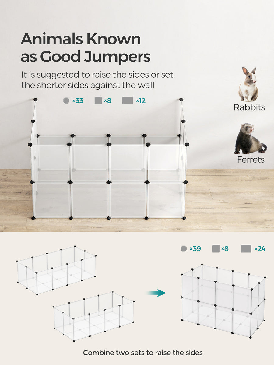 White DIY plastic small animal playpen with floor panels setup for indoor pets including rabbits, hamsters, and ferrets