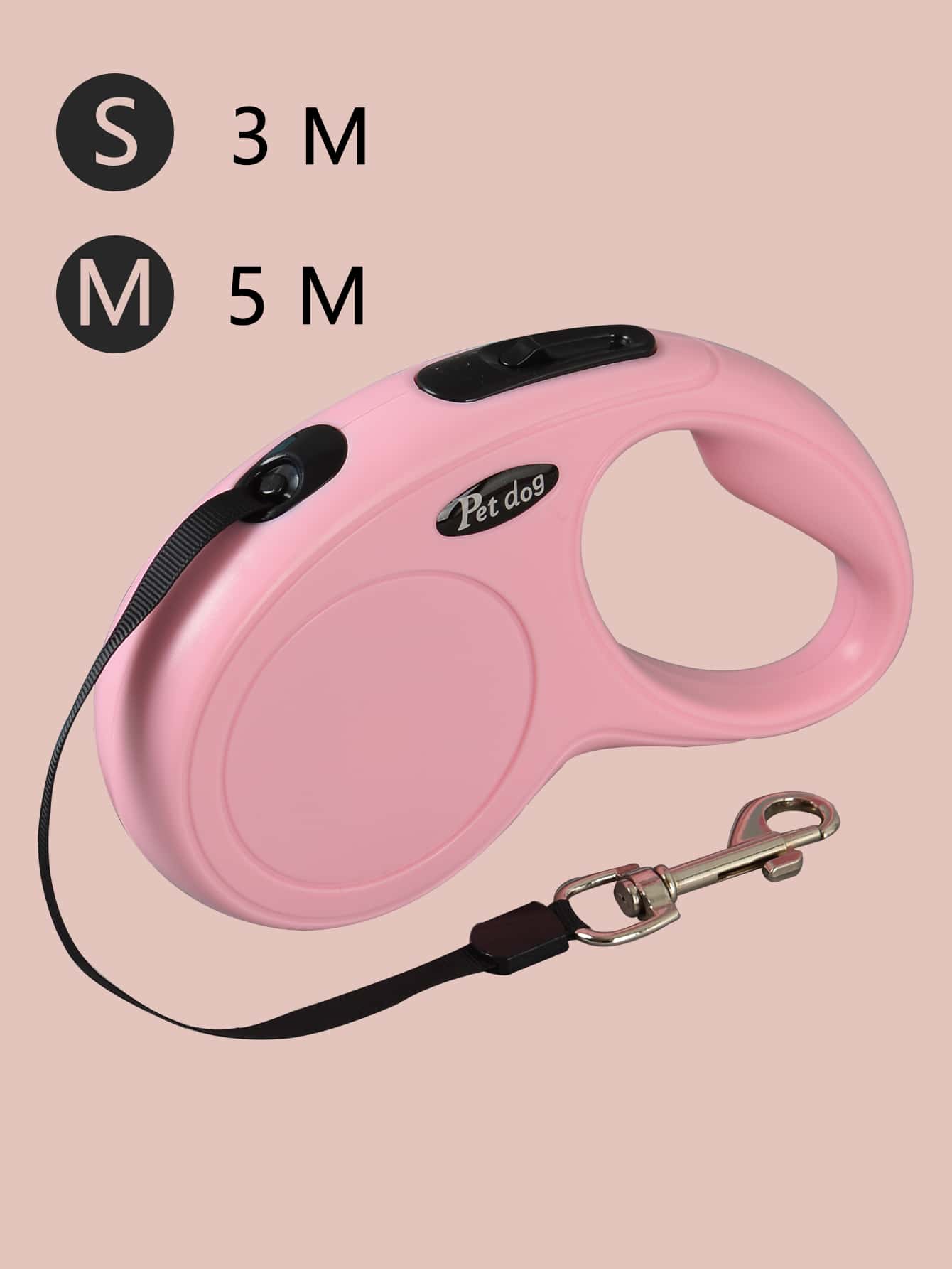 Automatic retractable pet leash in a plain multicolor design for outdoor walking with dogs or cats, made with stainless steel material.