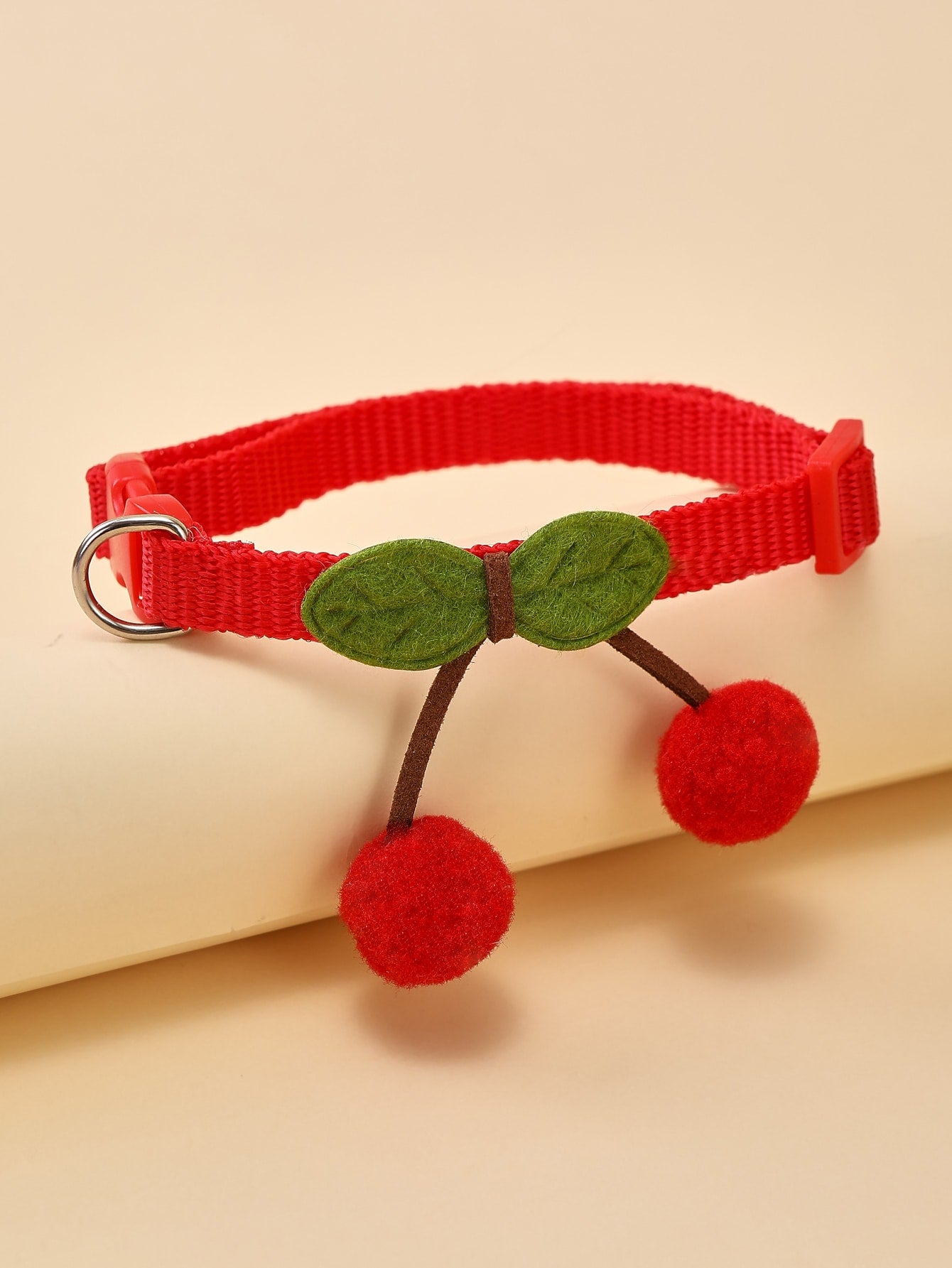 Red polyamide pet collar with cherry decor for cats and dogs