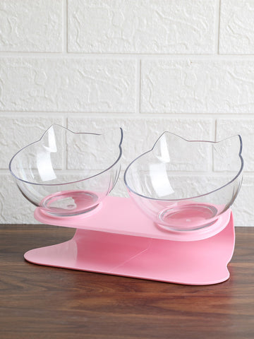 Black cartoon cat design pet bowl set with two PS plastic bowls fitted into a matching base for cats and dogs.