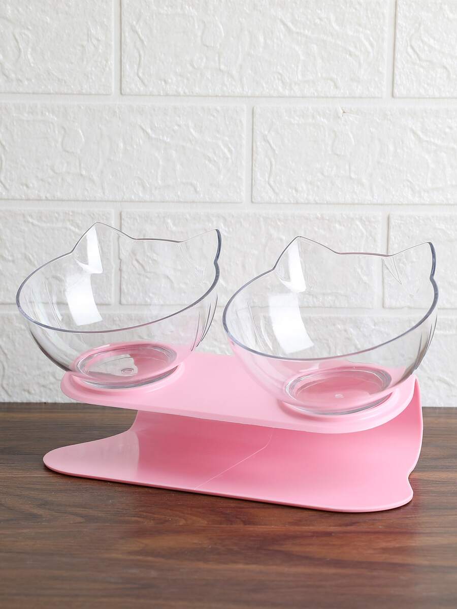 Black cartoon cat design pet bowl set with two PS plastic bowls fitted into a matching base for cats and dogs.