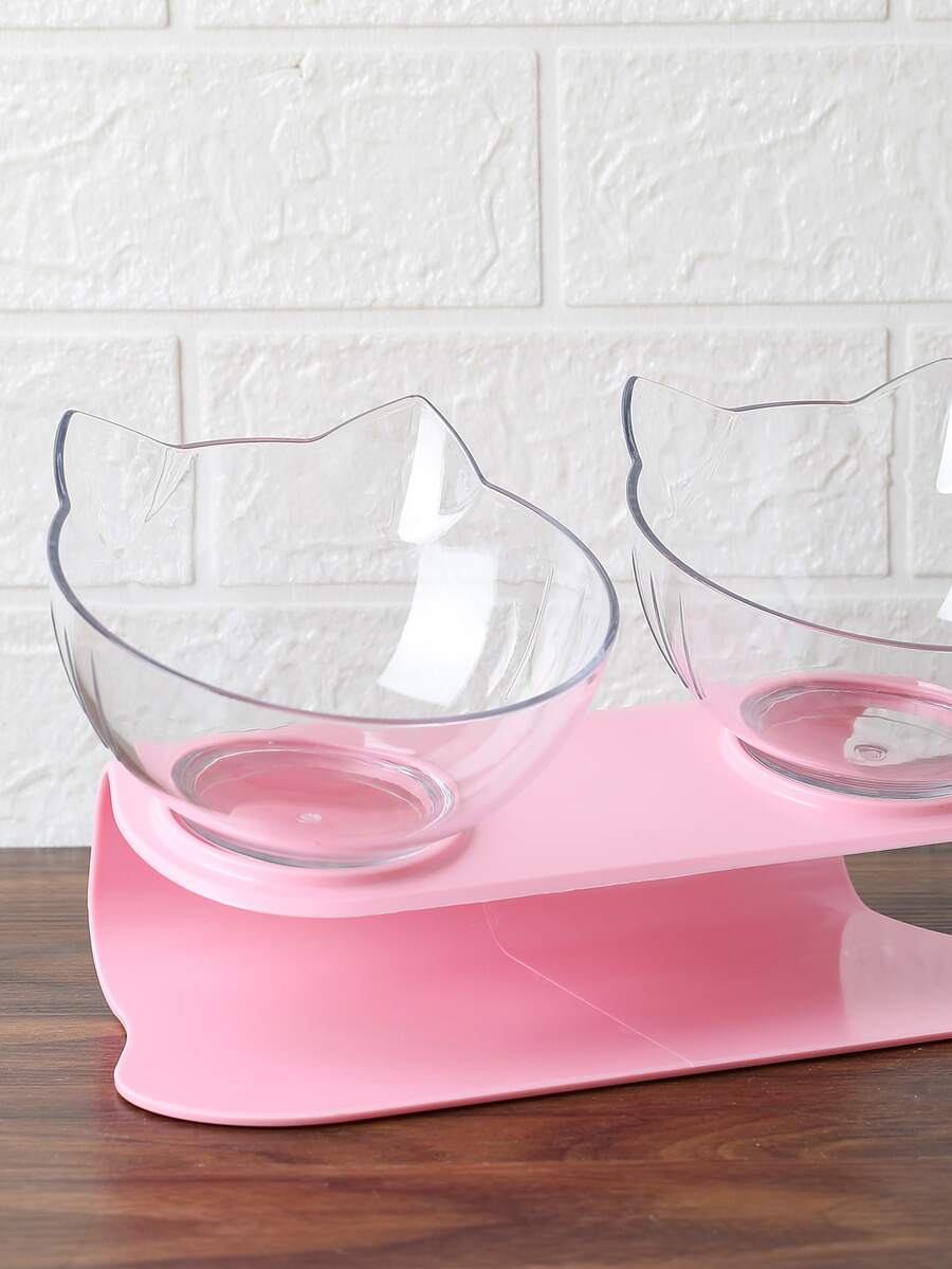 Black cartoon cat design pet bowl set with two PS plastic bowls fitted into a matching base for cats and dogs.