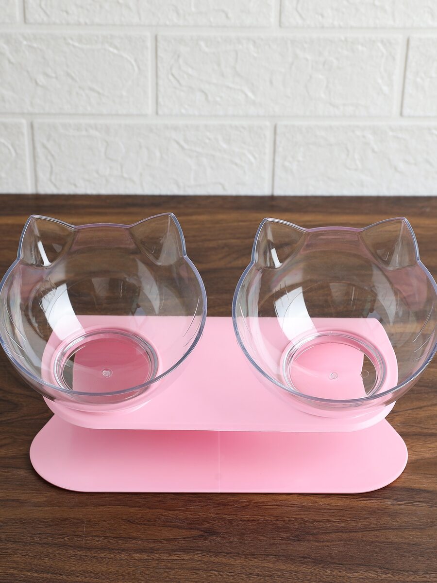 Black cartoon cat design pet bowl set with two PS plastic bowls fitted into a matching base for cats and dogs.