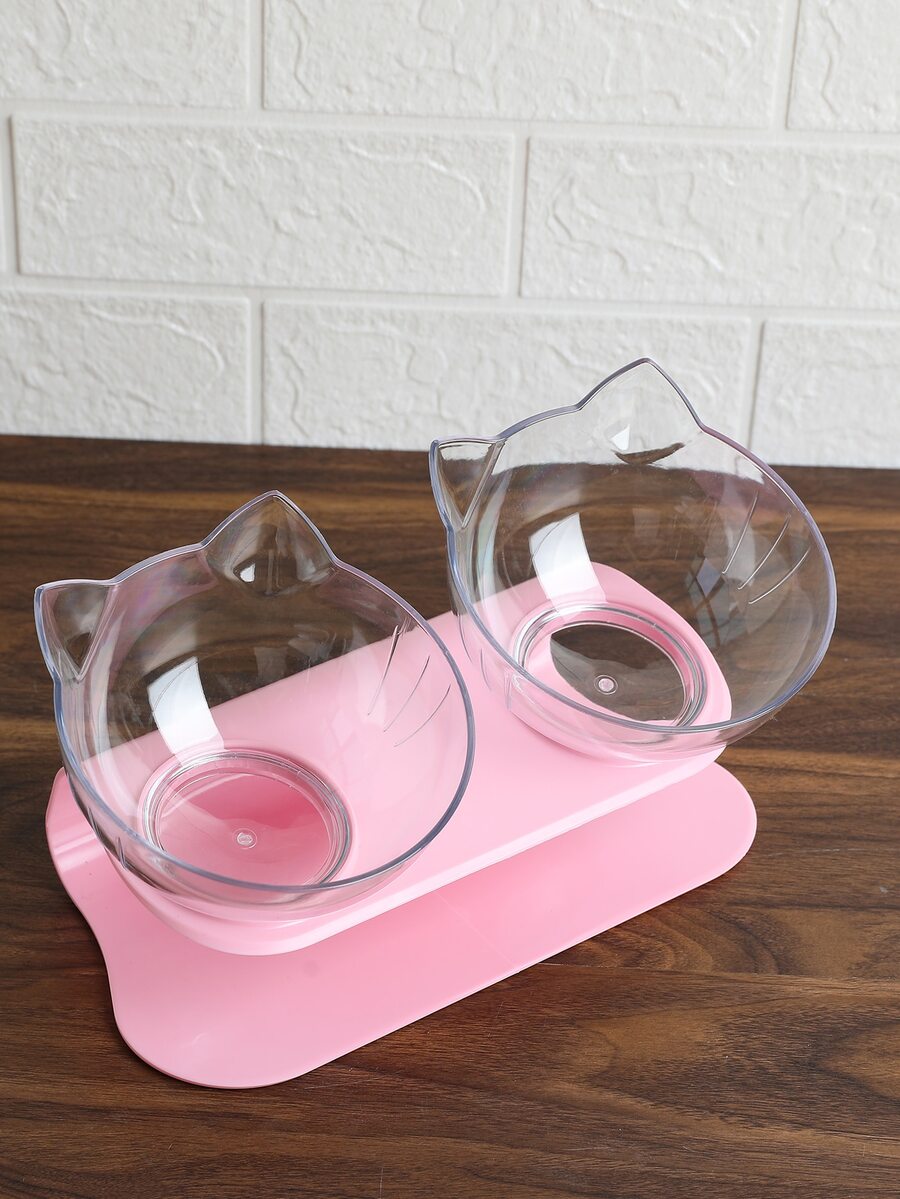Black cartoon cat design pet bowl set with two PS plastic bowls fitted into a matching base for cats and dogs.
