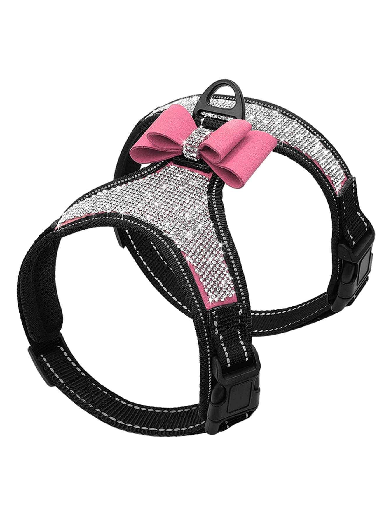 Pink reflective dog harness with rhinestone accents, adjustable straps, breathable design, and plush Korean style for dogs