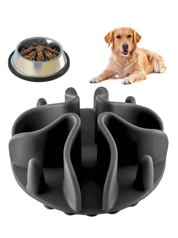 Black TPR puzzle slow feeder dog bowl insert featuring 51 octopus suction cups designed for medium and large dog bowls over 6.5 inches wide.