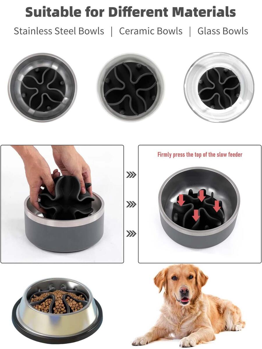 Black TPR puzzle slow feeder dog bowl insert featuring 51 octopus suction cups designed for medium and large dog bowls over 6.5 inches wide.