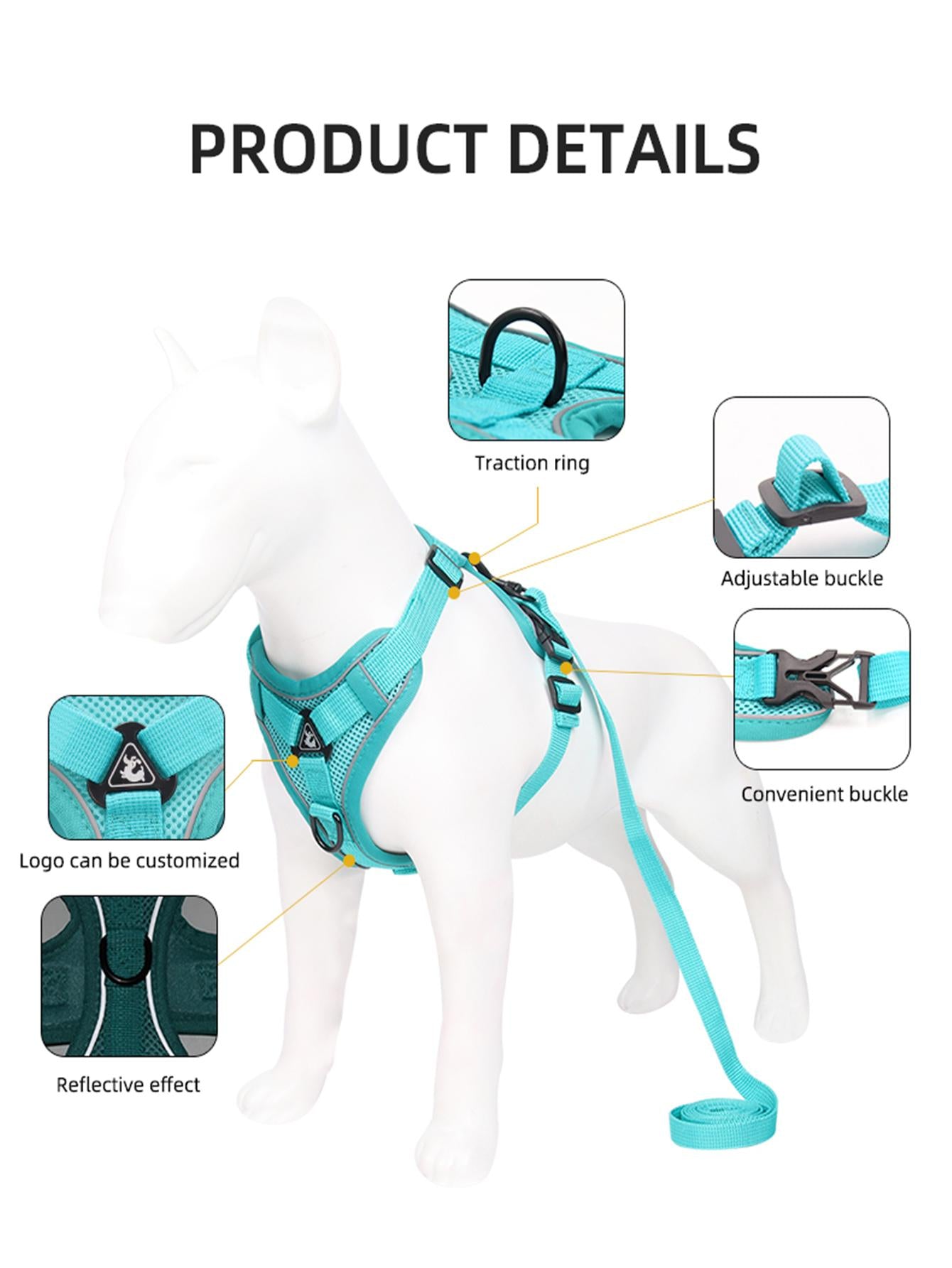 Green reflective pet harness and leash set for dog and cat, adjustable escape-proof polyester harness with soft mesh and plain design