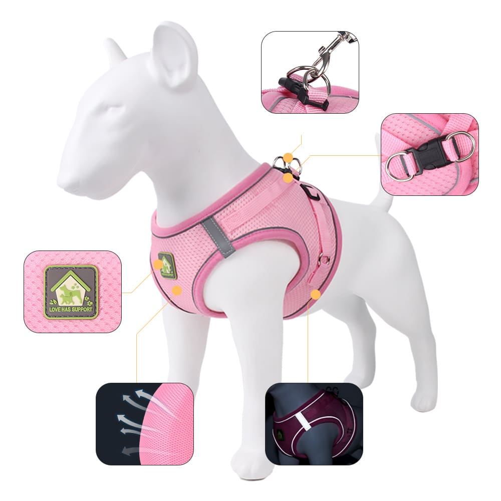 Pink reflective mesh vest-style pet harness with leash for cats and dogs, featuring adjustable chest and back straps for comfortable outdoor walking.
