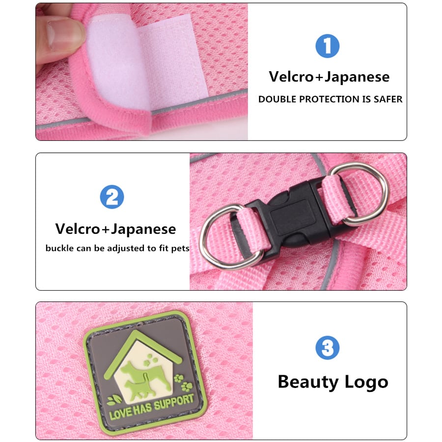 Adjustable vest-style pet harness and leash set for small and medium dogs and cats, made with breathable mesh and reflective stripes for no-pull walking.