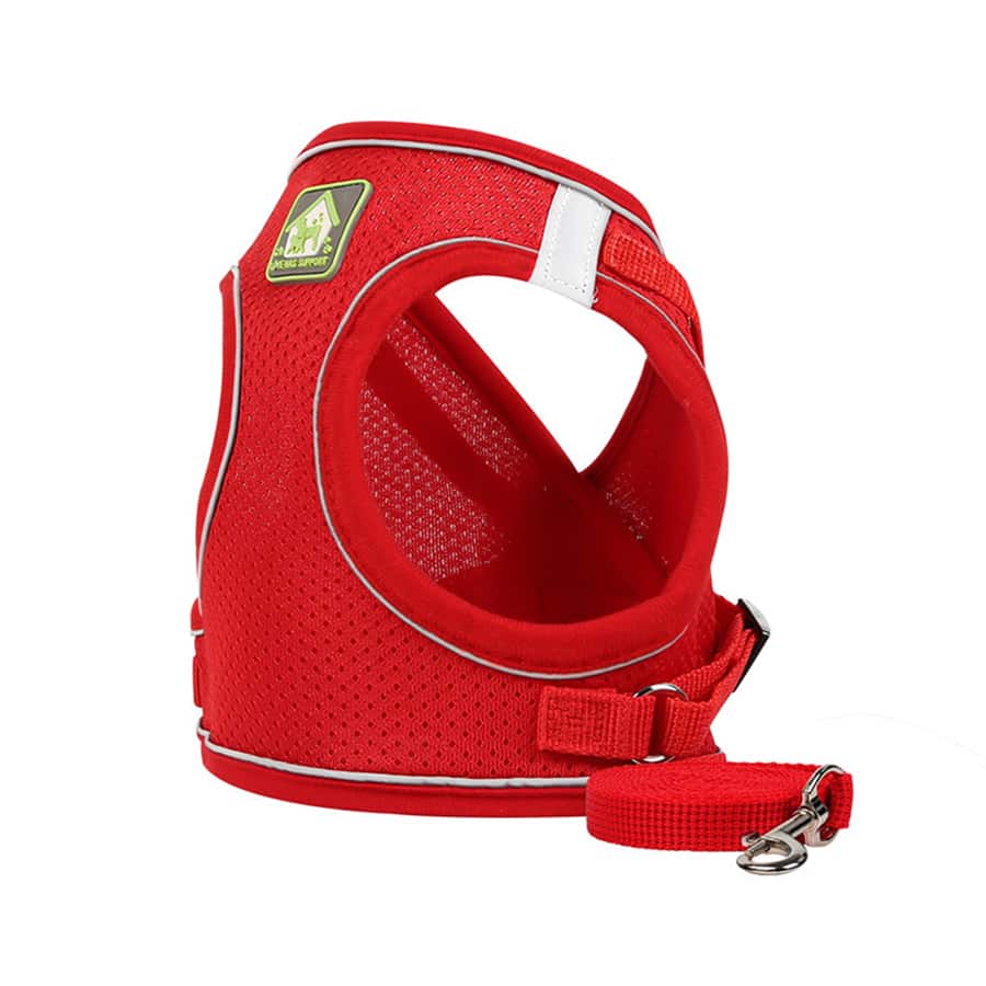 Adjustable vest-style pet harness and leash set for small and medium dogs and cats, made with breathable mesh and reflective stripes for no-pull walking.