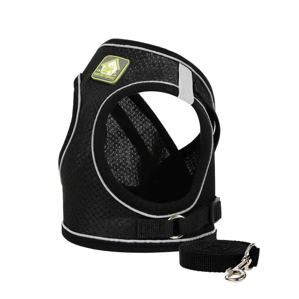 Adjustable vest-style pet harness and leash set for small and medium dogs and cats, made with breathable mesh and reflective stripes for no-pull walking.