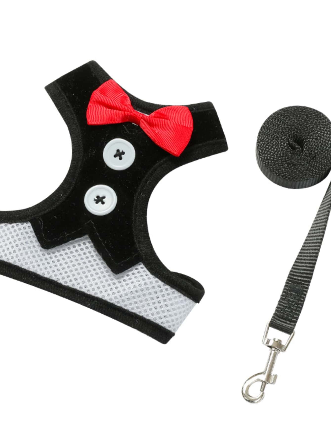 Black polyamide pet chest harness with back strap and geometric pattern for walking cats and small to medium dogs