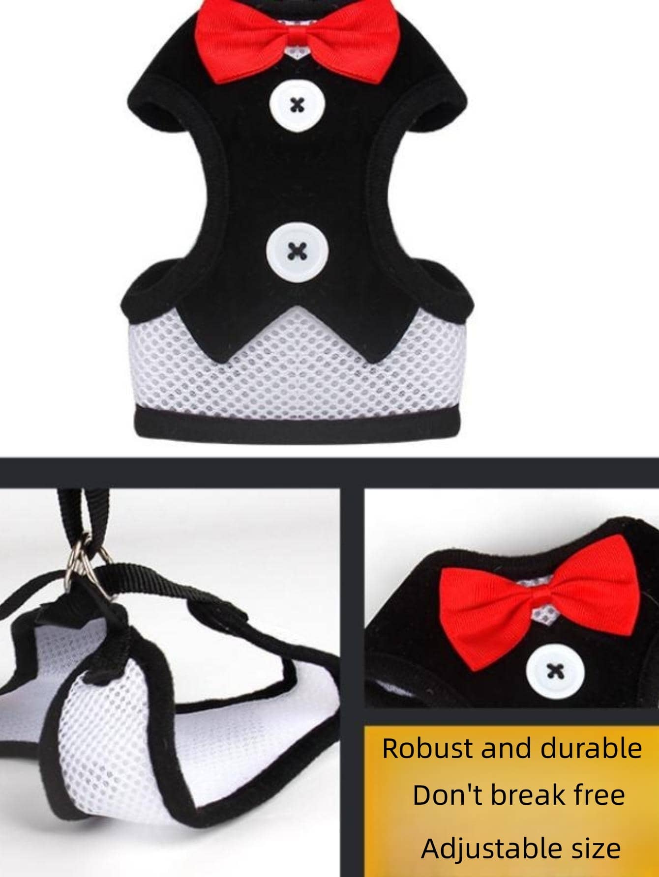 Black polyamide pet chest harness with back strap and geometric pattern for walking cats and small to medium dogs