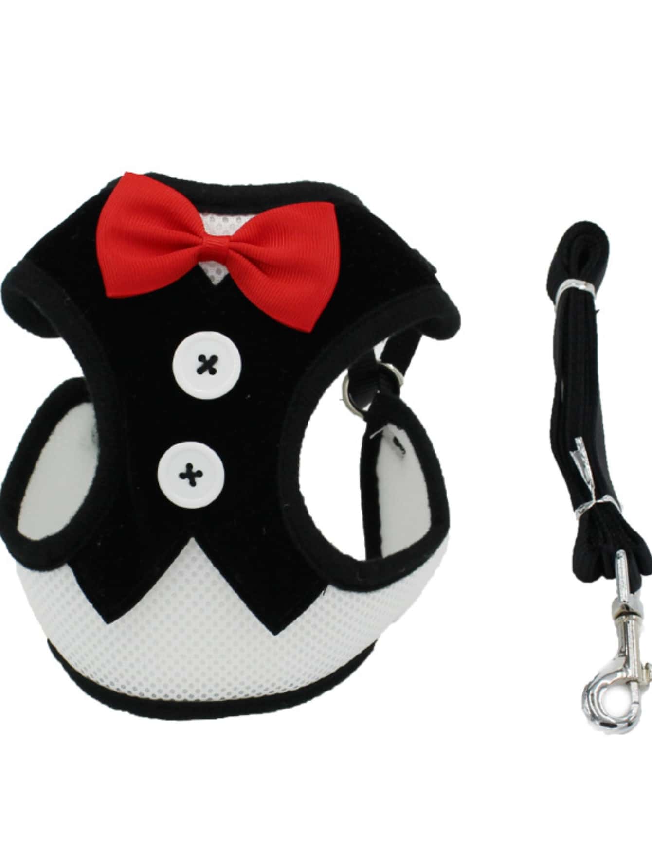 Black polyamide pet chest harness with back strap and geometric pattern for walking cats and small to medium dogs