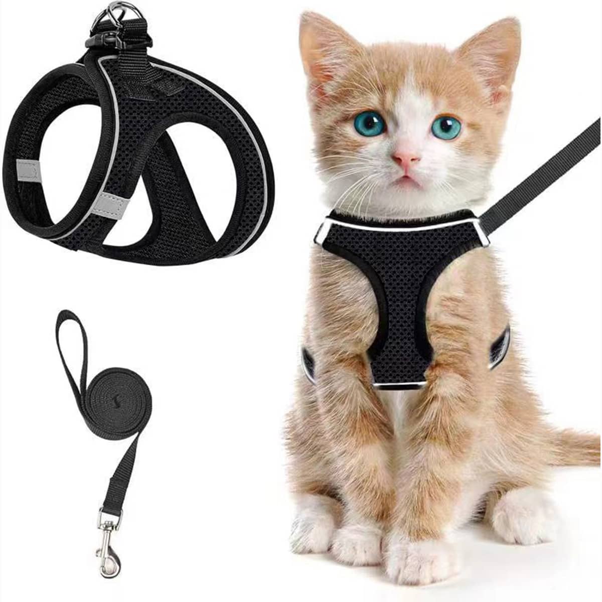 Black polyester cat harness and leash set with soft adjustable vest, breathable design, reflective stripe, and easy-control walking fit for cats or dogs.
