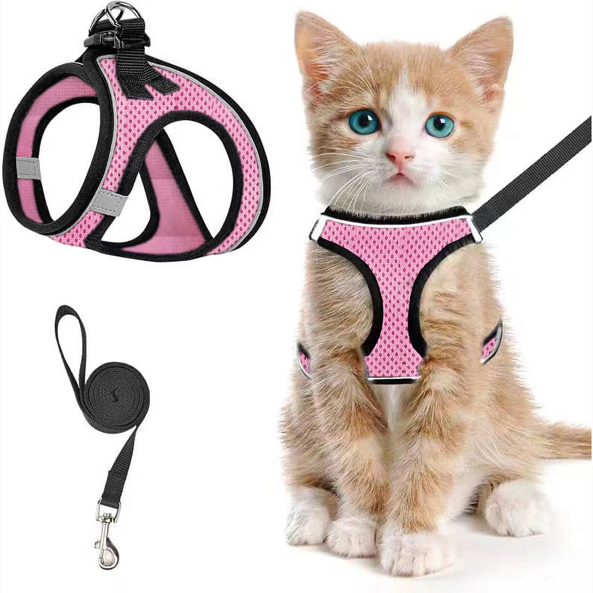 Black polyester cat harness and leash set with soft adjustable vest, breathable design, reflective stripe, and easy-control walking fit for cats or dogs.