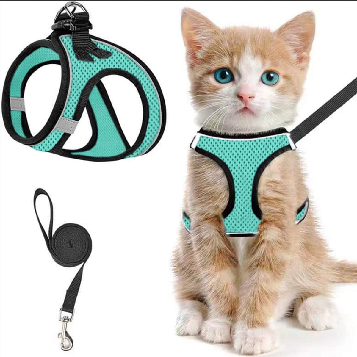 Black polyester cat harness and leash set with soft adjustable vest, breathable design, reflective stripe, and easy-control walking fit for cats or dogs.