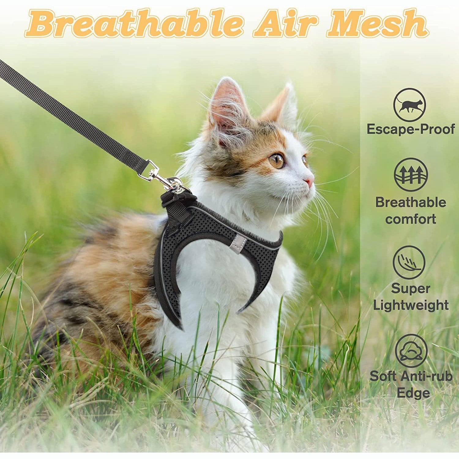 Black polyester cat harness and leash set with soft adjustable vest, breathable design, reflective stripe, and easy-control walking fit for cats or dogs.