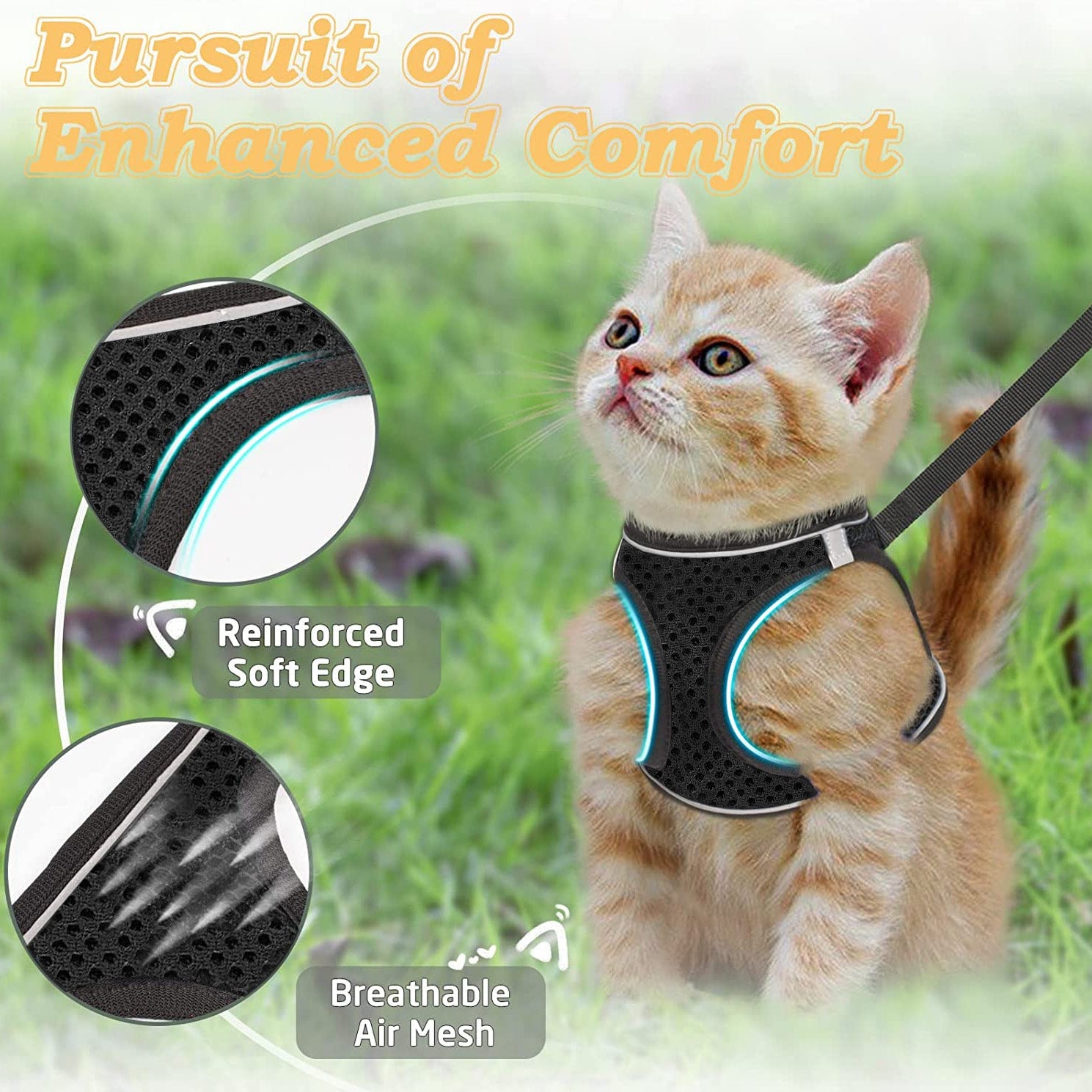 Black polyester cat harness and leash set with soft adjustable vest, breathable design, reflective stripe, and easy-control walking fit for cats or dogs.