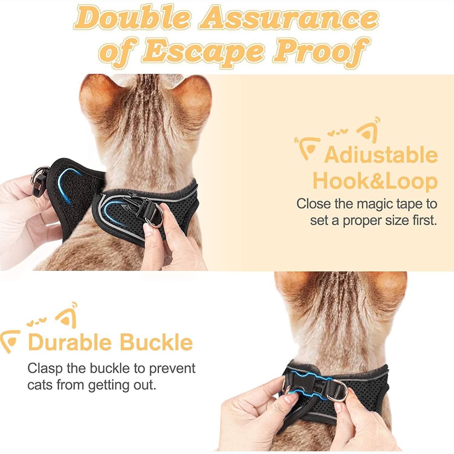 Black polyester cat harness and leash set with soft adjustable vest, breathable design, reflective stripe, and easy-control walking fit for cats or dogs.