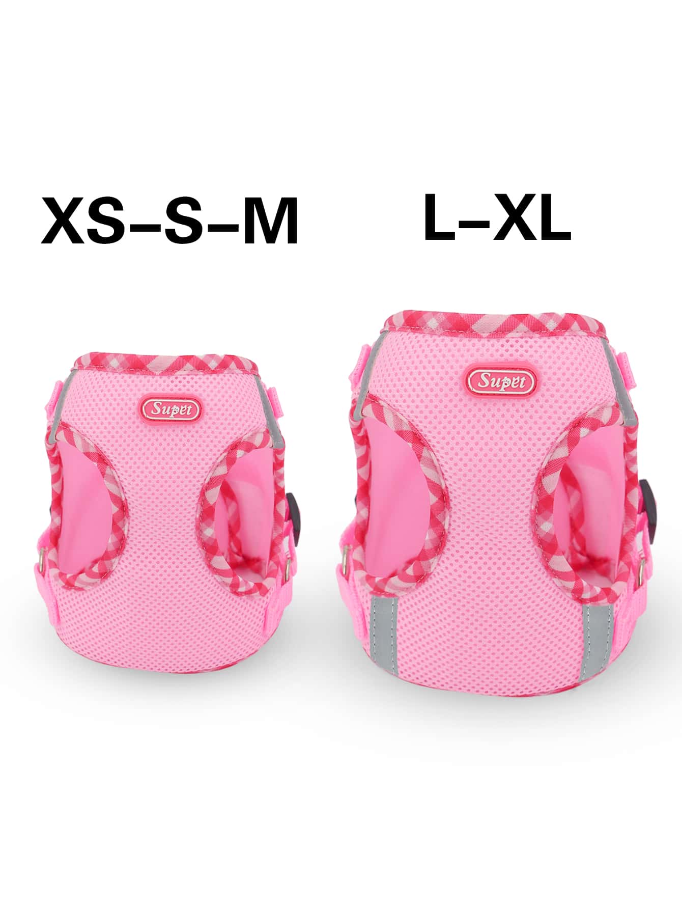 Supet pink plaid reflective polyester pet harness set with leash for cats and small dogs, designed for breathable indoor and outdoor use.