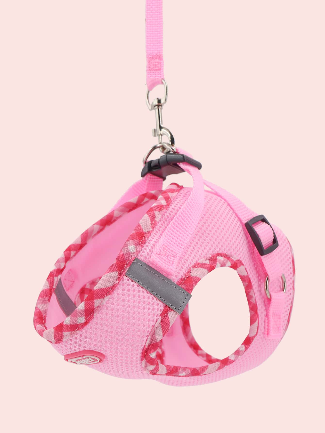 Supet pink plaid reflective polyester pet harness set with leash for cats and small dogs, designed for breathable indoor and outdoor use.