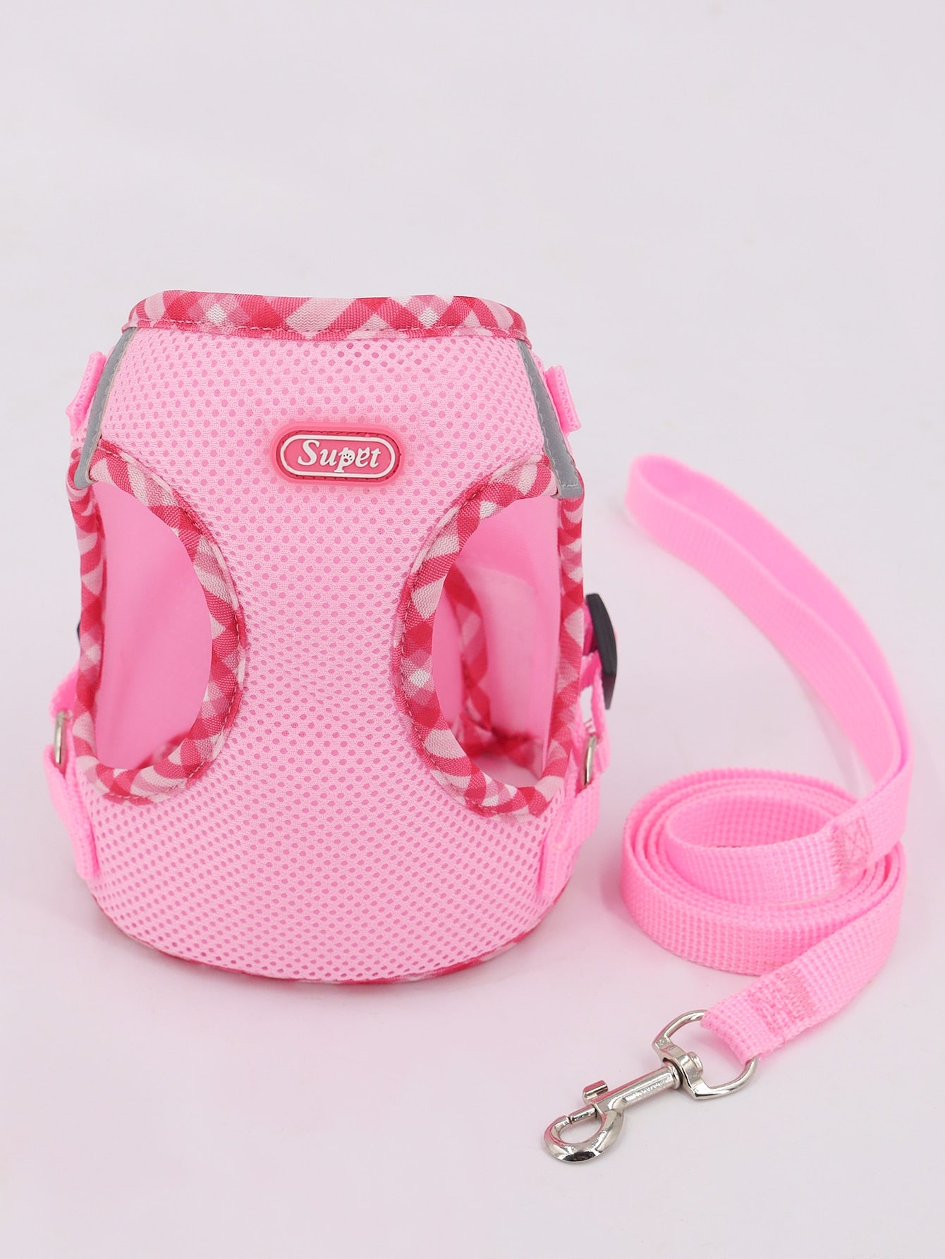Supet pink plaid reflective polyester pet harness set with leash for cats and small dogs, designed for breathable indoor and outdoor use.
