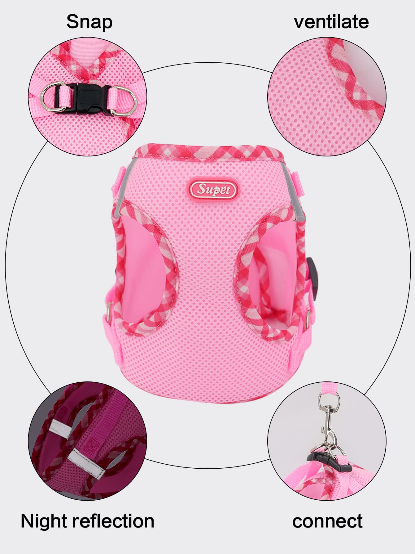 Supet breathable reflective plaid edge chest and back pet harness set with leash for small dogs and cats