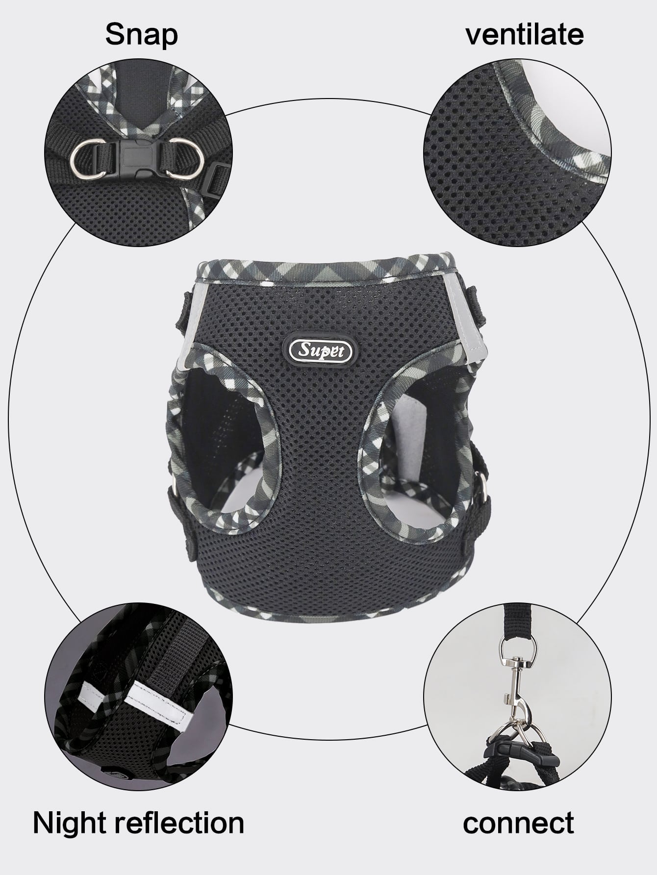Supet pink plaid reflective polyester pet harness set with leash for cats and small dogs, designed for breathable indoor and outdoor use.