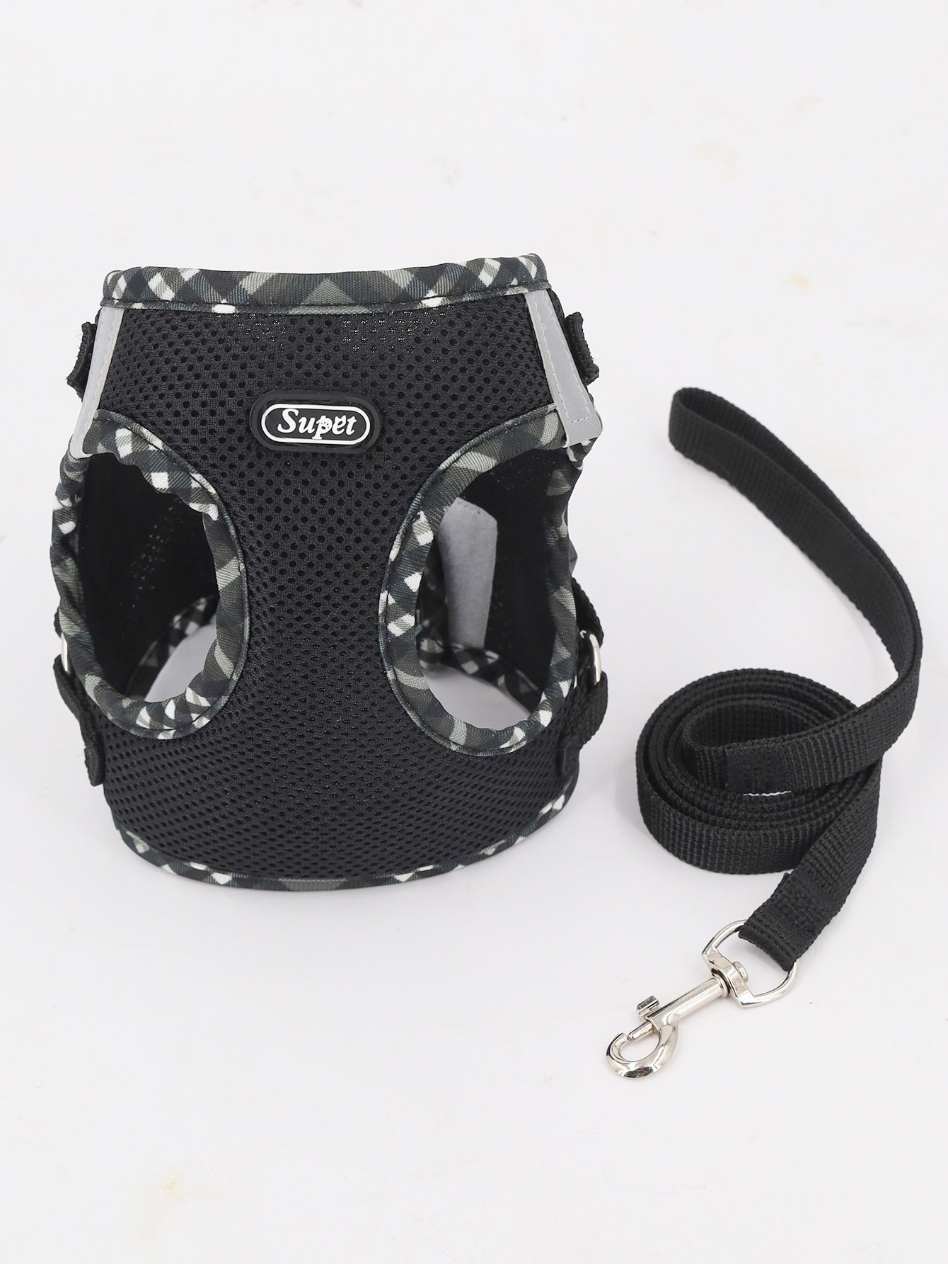 Supet breathable reflective plaid chest and back strap harness set with leash for small dogs and cats in blue polyester