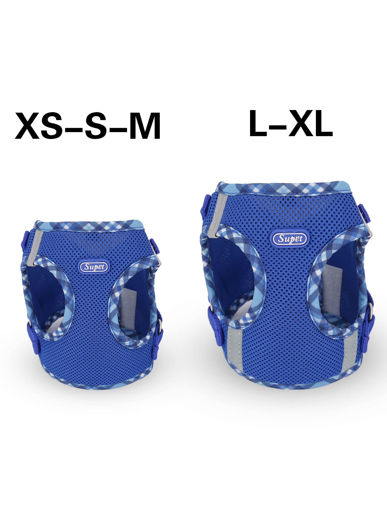 Supet breathable reflective plaid chest and back strap harness set with leash for small dogs and cats in blue polyester
