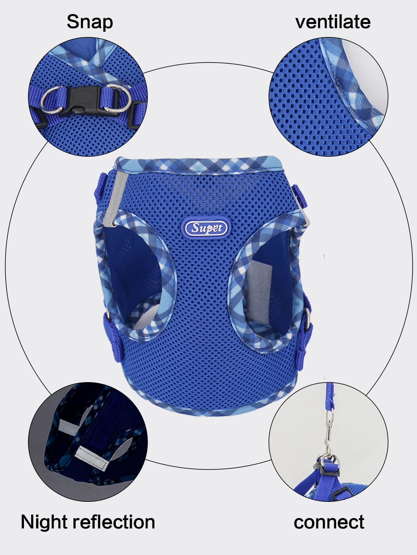 Supet pink plaid reflective polyester pet harness set with leash for cats and small dogs, designed for breathable indoor and outdoor use.