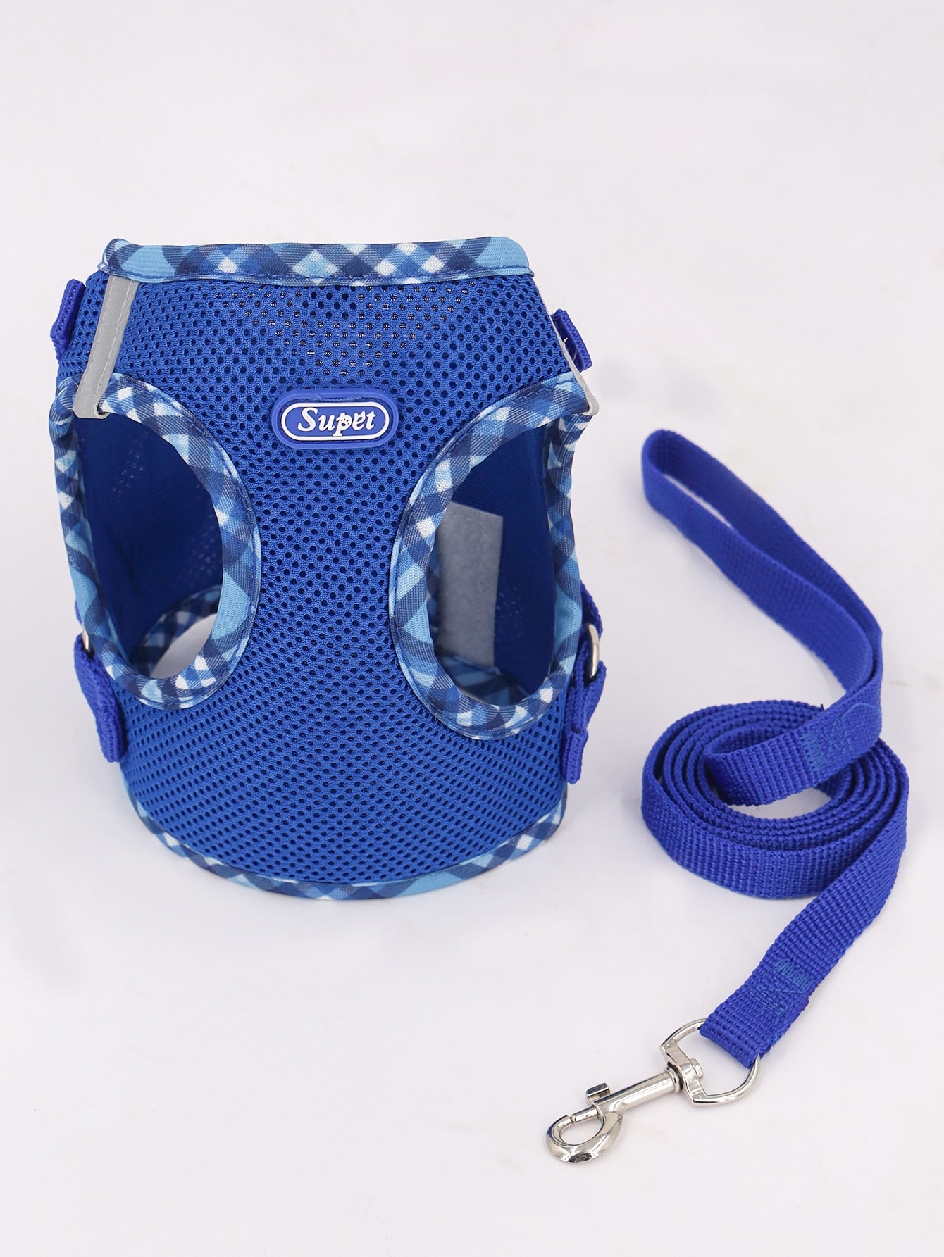 Supet pink plaid reflective polyester pet harness set with leash for cats and small dogs, designed for breathable indoor and outdoor use.