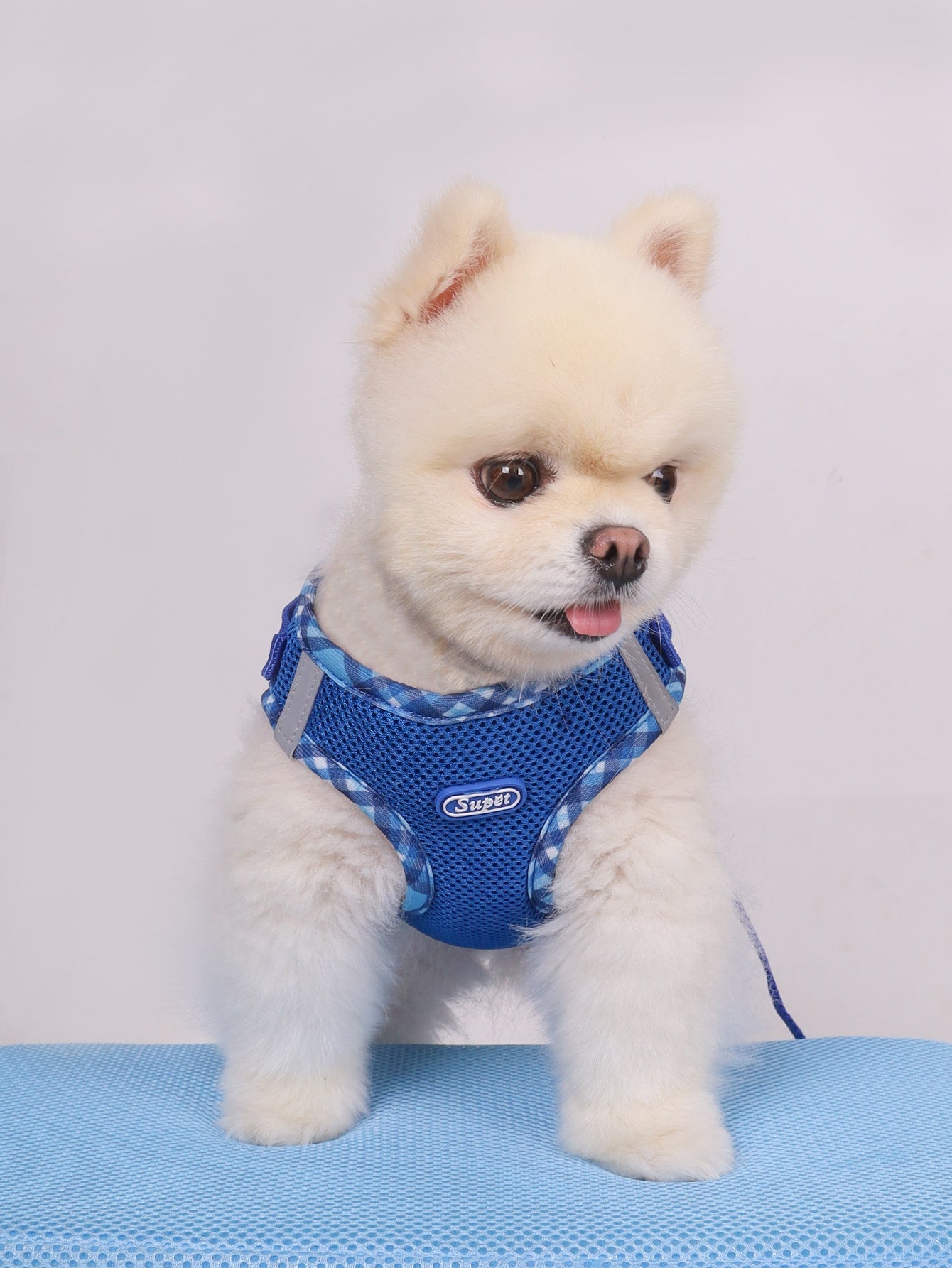 Supet pink plaid reflective polyester pet harness set with leash for cats and small dogs, designed for breathable indoor and outdoor use.