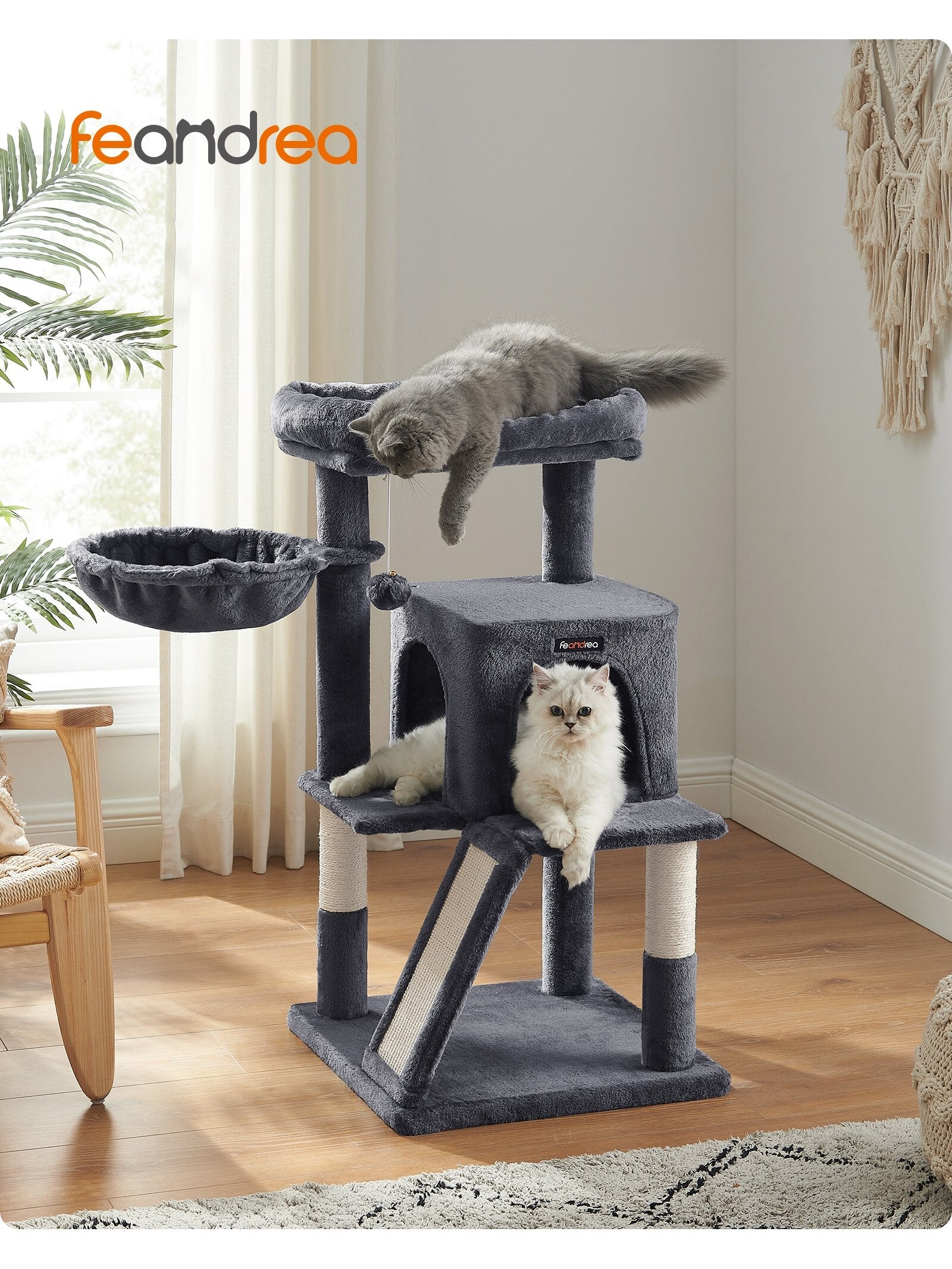 Dark grey 37.8-inch multi-level cat tree featuring a widened top perch, two-door cat cave, hanging basket, sisal scratching posts, and a scratching ramp for indoor cats.