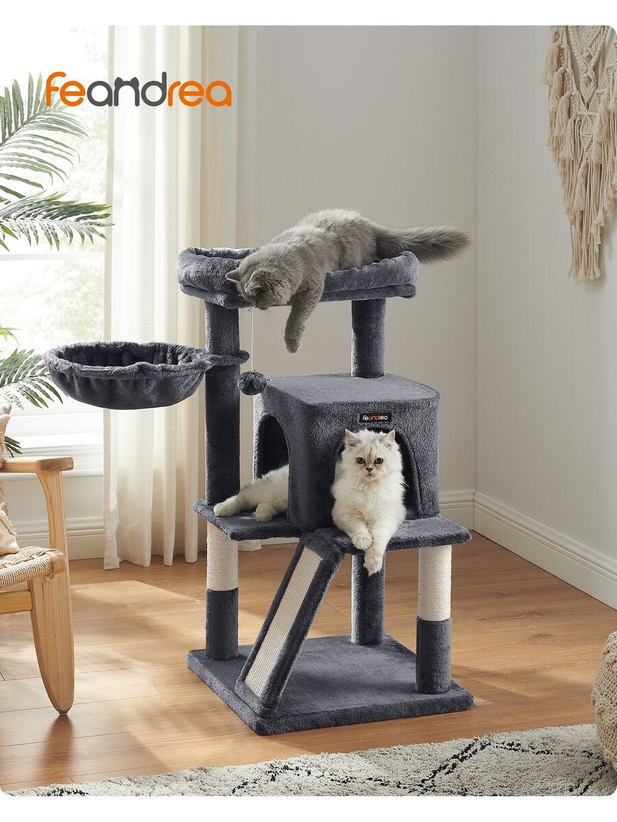 Dark grey 37.8-inch multi-level cat tree featuring a widened top perch, two-door cat cave, hanging basket, sisal scratching posts, and a scratching ramp for indoor cats.