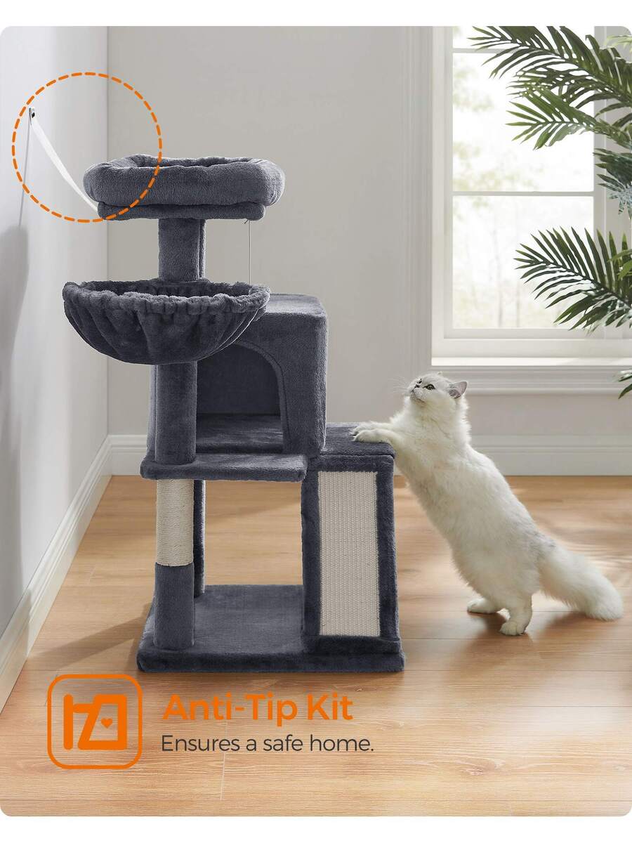 Dark grey 37.8-inch multi-level cat tree featuring a widened top perch, two-door cat cave, hanging basket, sisal scratching posts, and a scratching ramp for indoor cats.