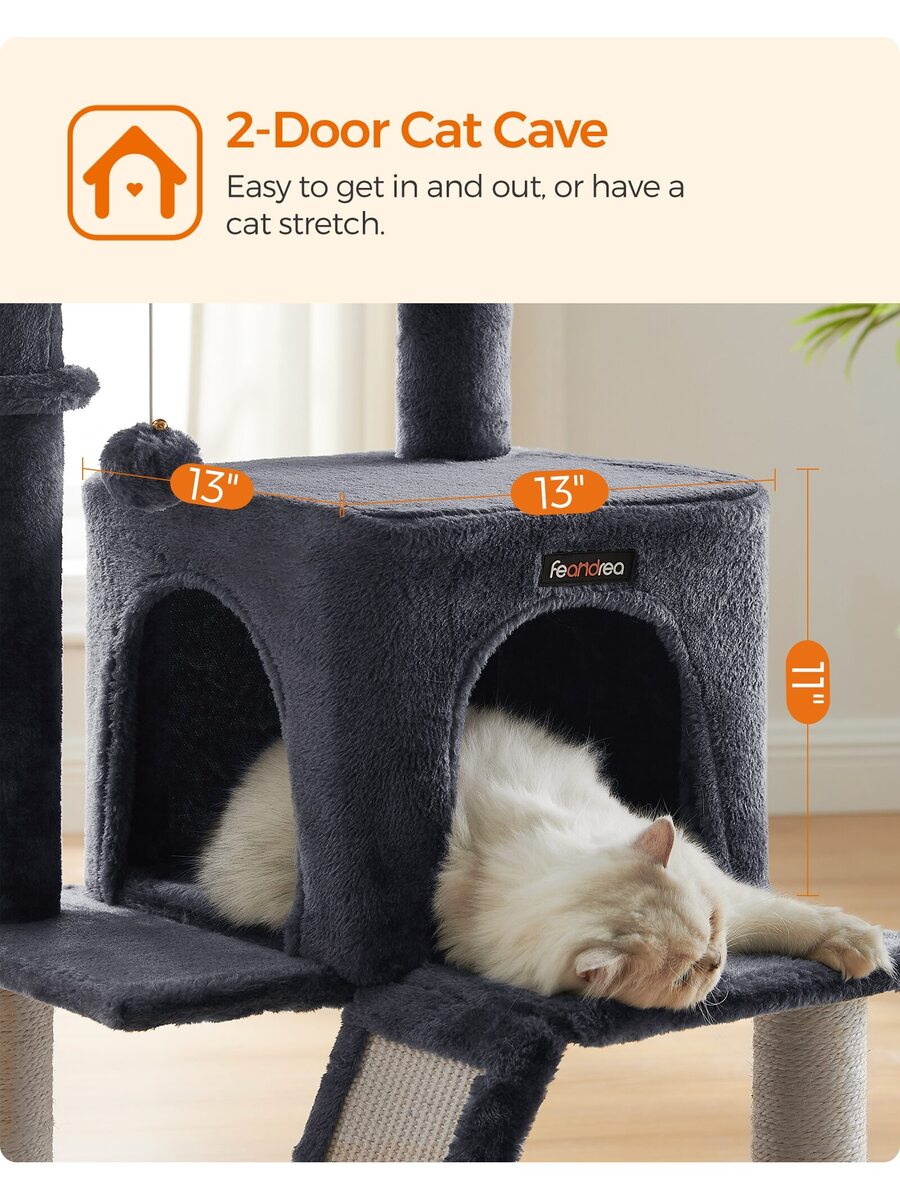 Dark grey 37.8-inch multi-level cat tree featuring a widened top perch, two-door cat cave, hanging basket, sisal scratching posts, and a scratching ramp for indoor cats.