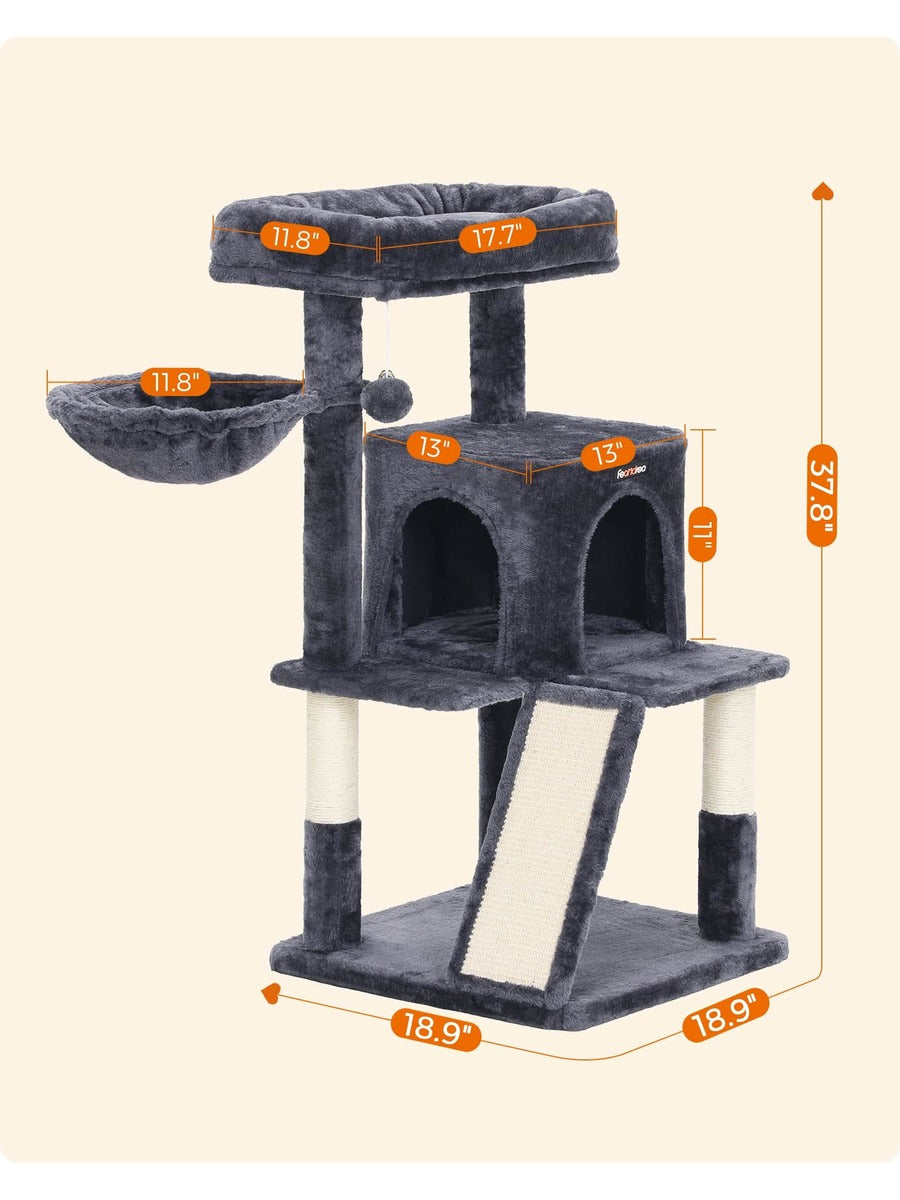 Dark grey 37.8-inch multi-level cat tree featuring a widened top perch, two-door cat cave, hanging basket, sisal scratching posts, and a scratching ramp for indoor cats.