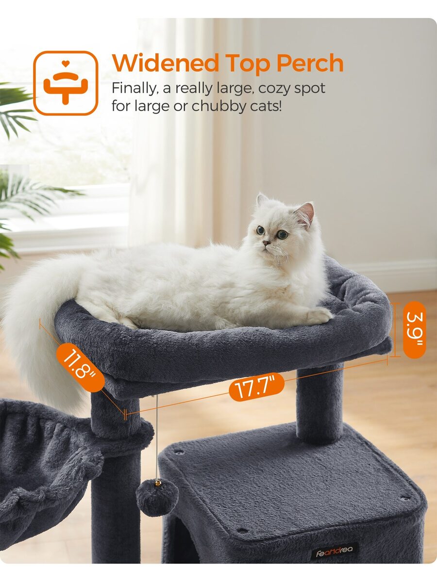 Dark grey 37.8-inch multi-level cat tree featuring a widened top perch, two-door cat cave, hanging basket, sisal scratching posts, and a scratching ramp for indoor cats.