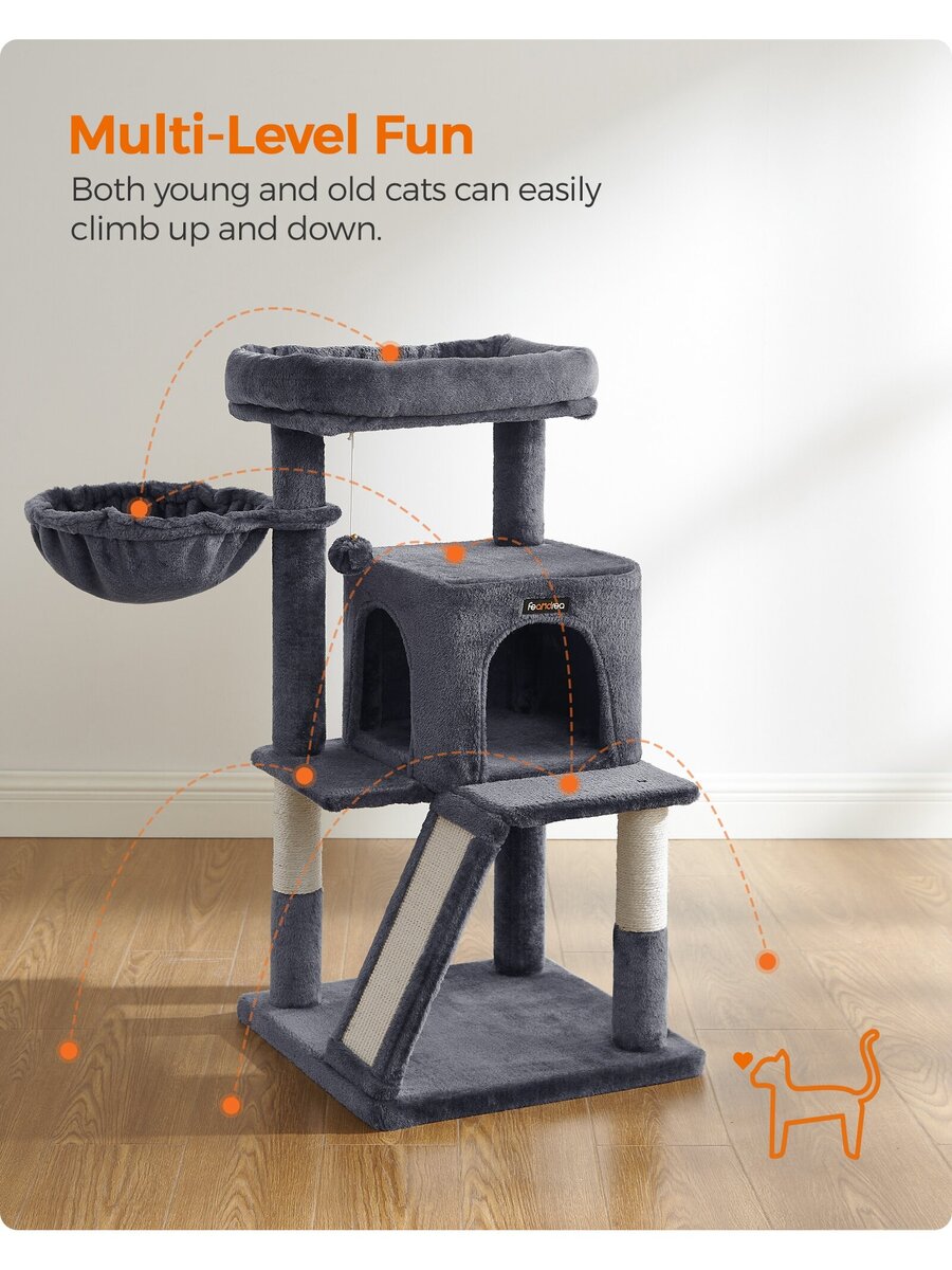 Dark grey 37.8-inch multi-level cat tree featuring a widened top perch, two-door cat cave, hanging basket, sisal scratching posts, and a scratching ramp for indoor cats.