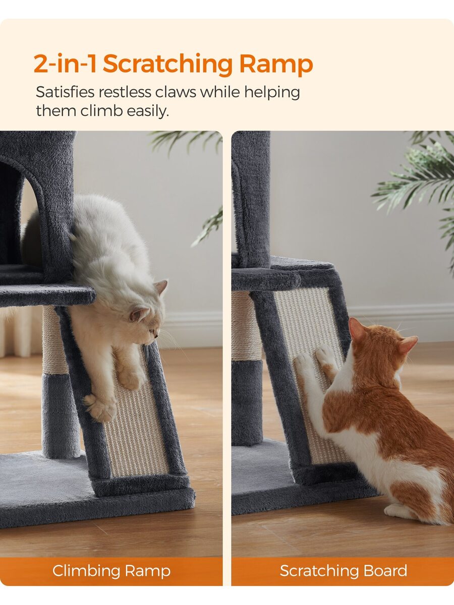 Dark grey 37.8-inch multi-level cat tree featuring a widened top perch, two-door cat cave, hanging basket, sisal scratching posts, and a scratching ramp for indoor cats.