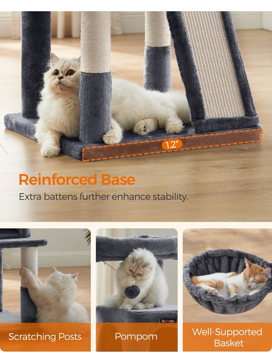 Dark grey 37.8-inch multi-level cat tree featuring a widened top perch, two-door cat cave, hanging basket, sisal scratching posts, and a scratching ramp for indoor cats.