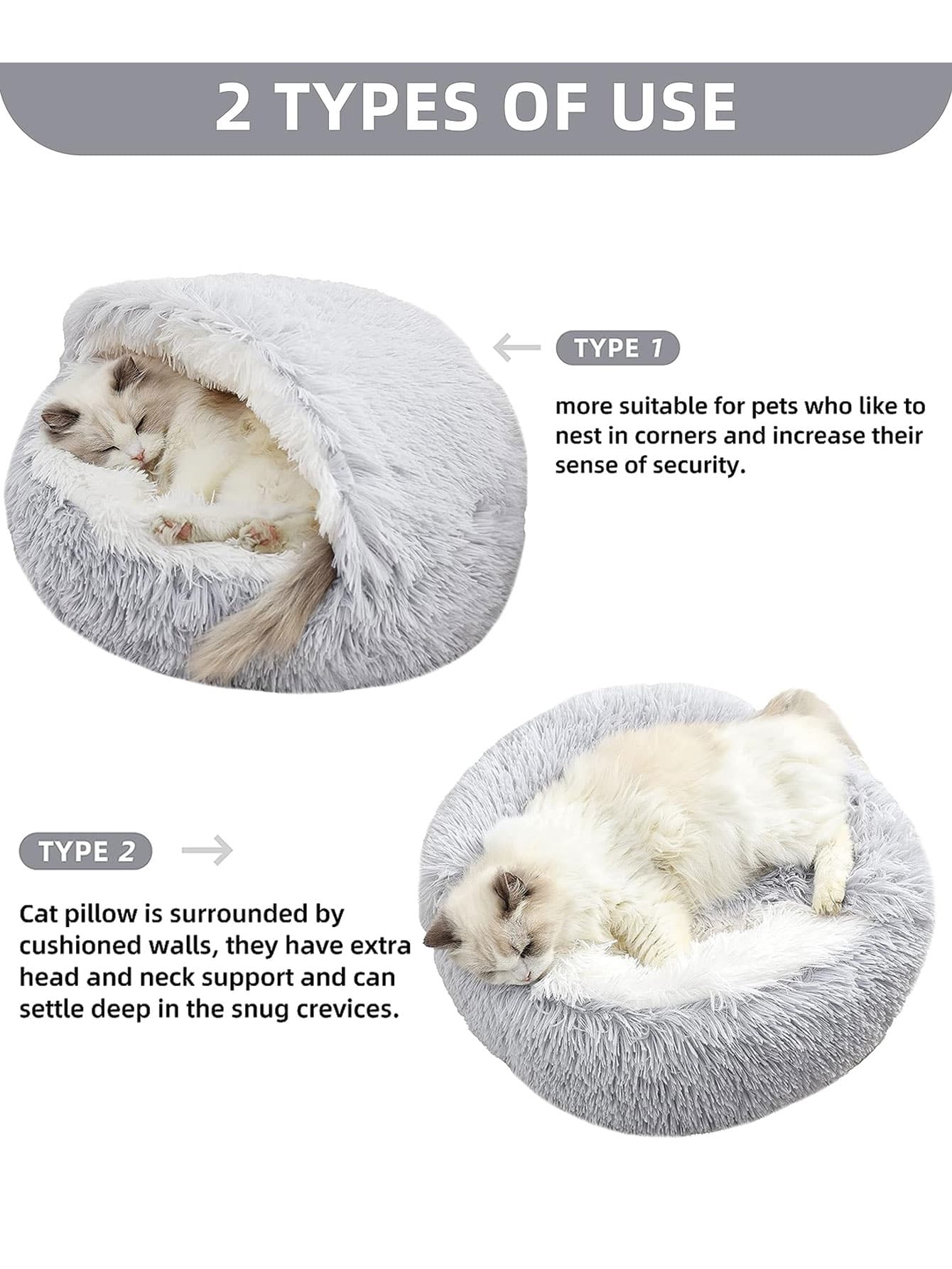 Pink plush round pet bed with a soft 2-in-1 donut sleeping bag cushion design for cats and dogs.