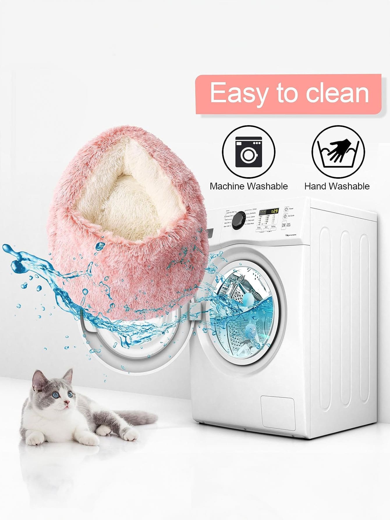 Pink plush round pet bed with a soft 2-in-1 donut sleeping bag cushion design for cats and dogs.