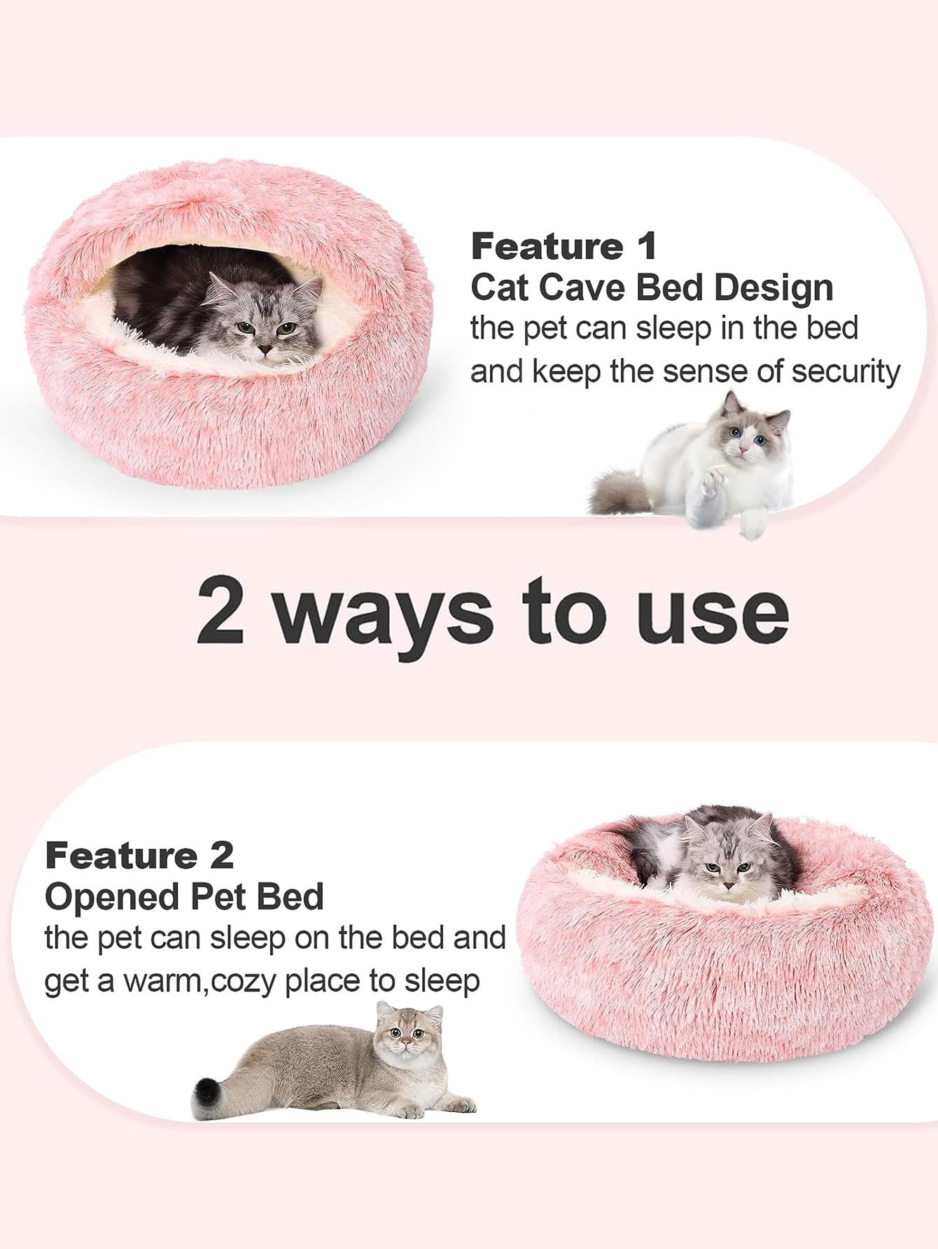 Pink plush round pet bed with a soft 2-in-1 donut sleeping bag cushion design for cats and dogs.