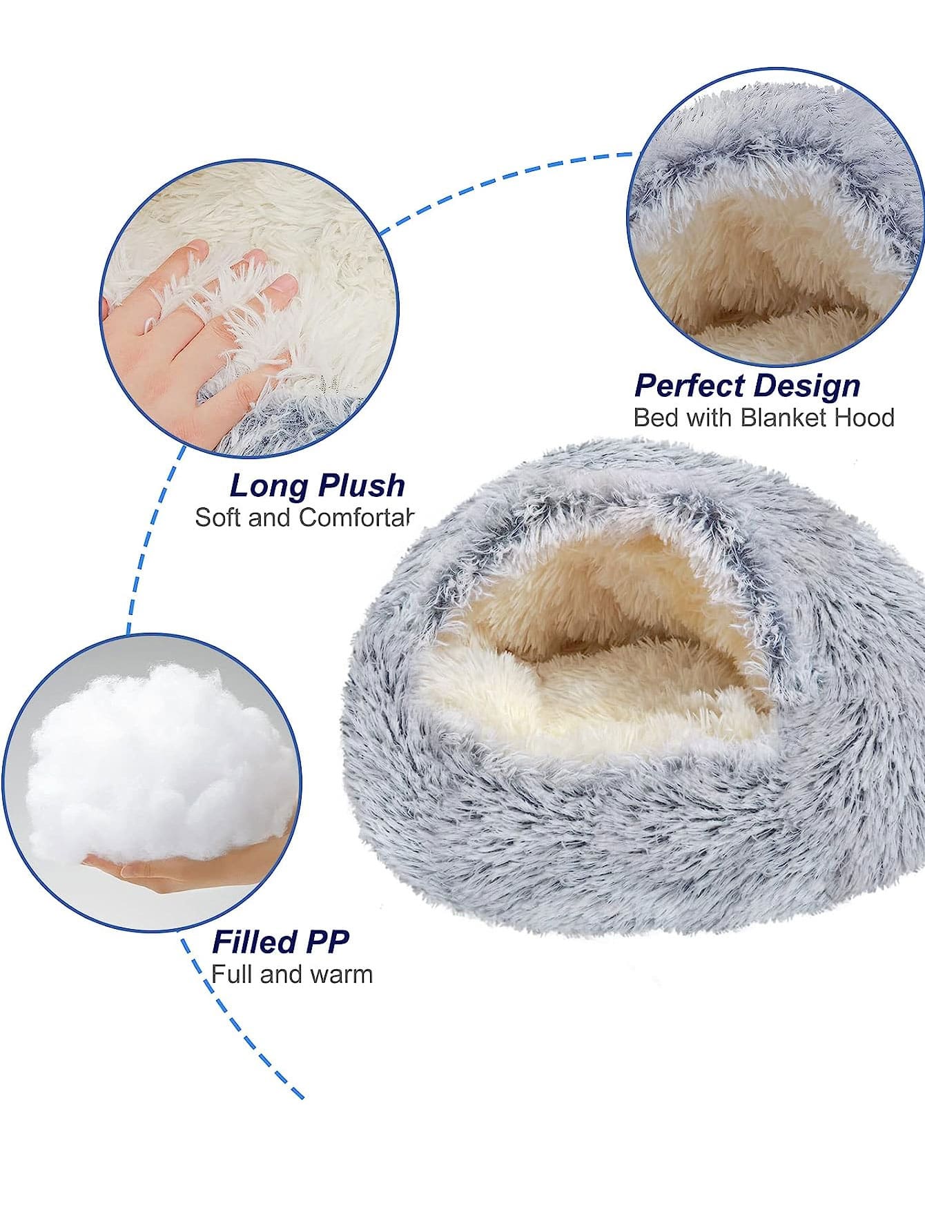 Pink plush round pet bed with a soft 2-in-1 donut sleeping bag cushion design for cats and dogs.