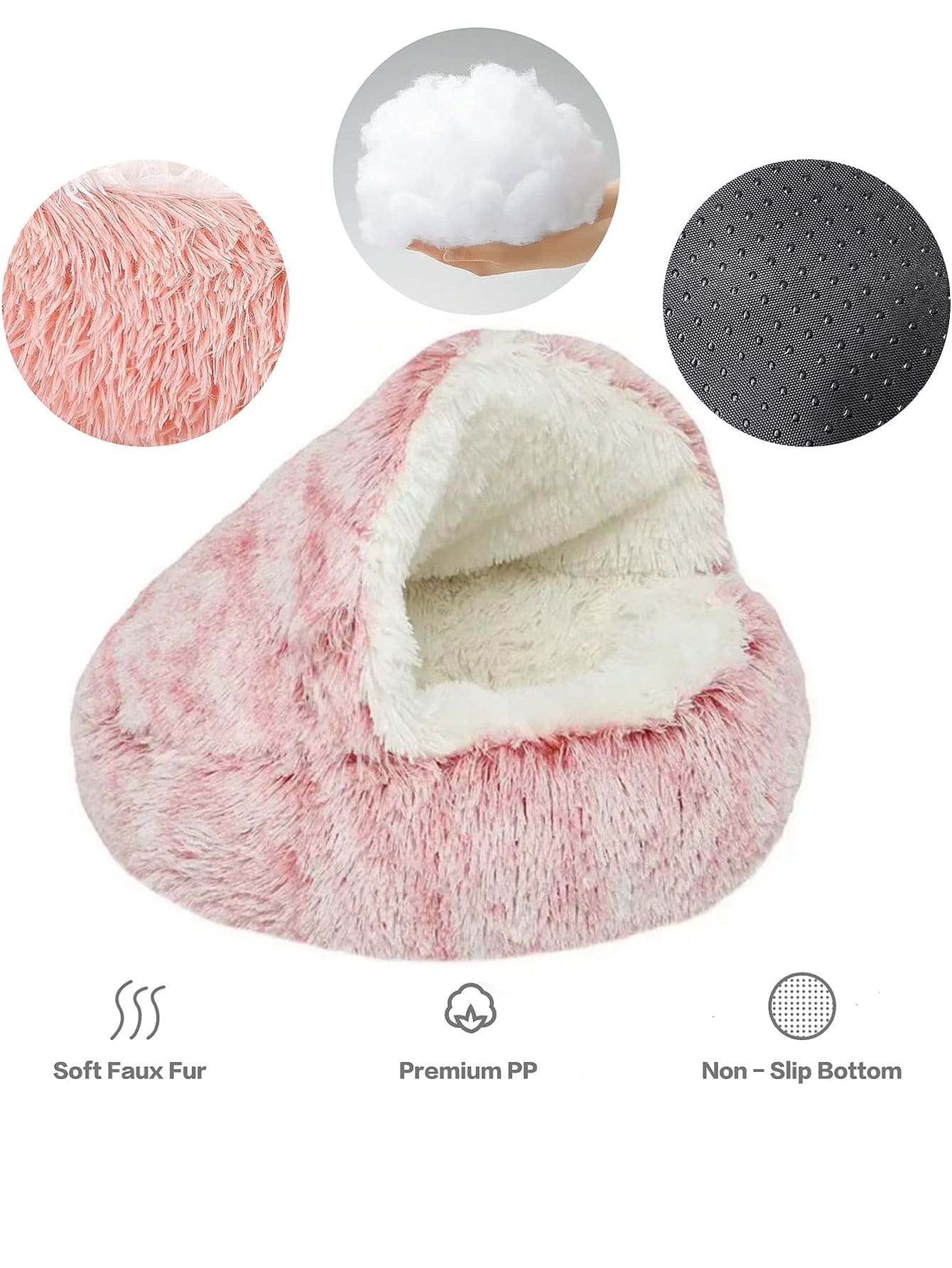 Pink plush round pet bed with a soft 2-in-1 donut sleeping bag cushion design for cats and dogs.