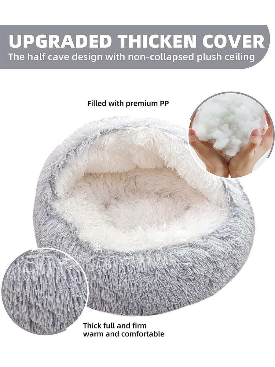 Pink plush round pet bed with a soft 2-in-1 donut sleeping bag cushion design for cats and dogs.